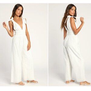 Lulu's Running Free White Eyelet Embroidered Tie-Strap Jumpsuit Style 1866516